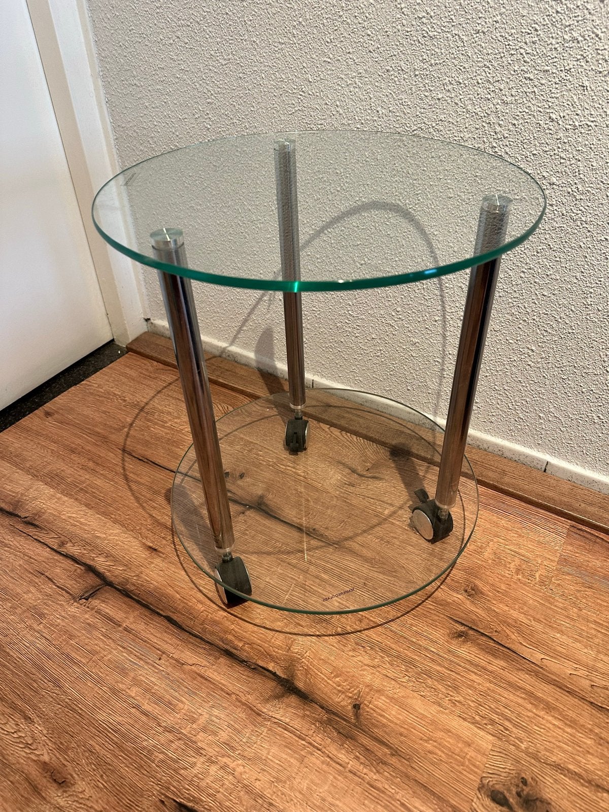 Glazen bijzettafel op wieltjes - Rond en modern, Minder dan 55 cm, Gebruikt, Rond, Glas