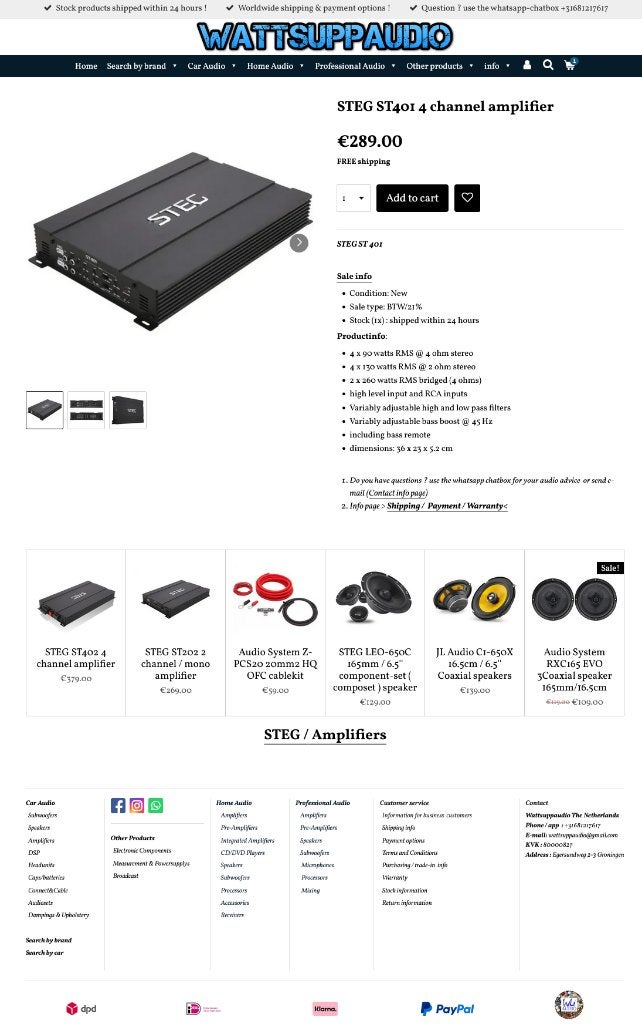STEG ST401 4 kanaals versterker / Auto versterker SQ, Auto diversen, Autospeakers, Hifi-Focus, Aalsmeerderweg 173 1432 CL, Aalsmeer