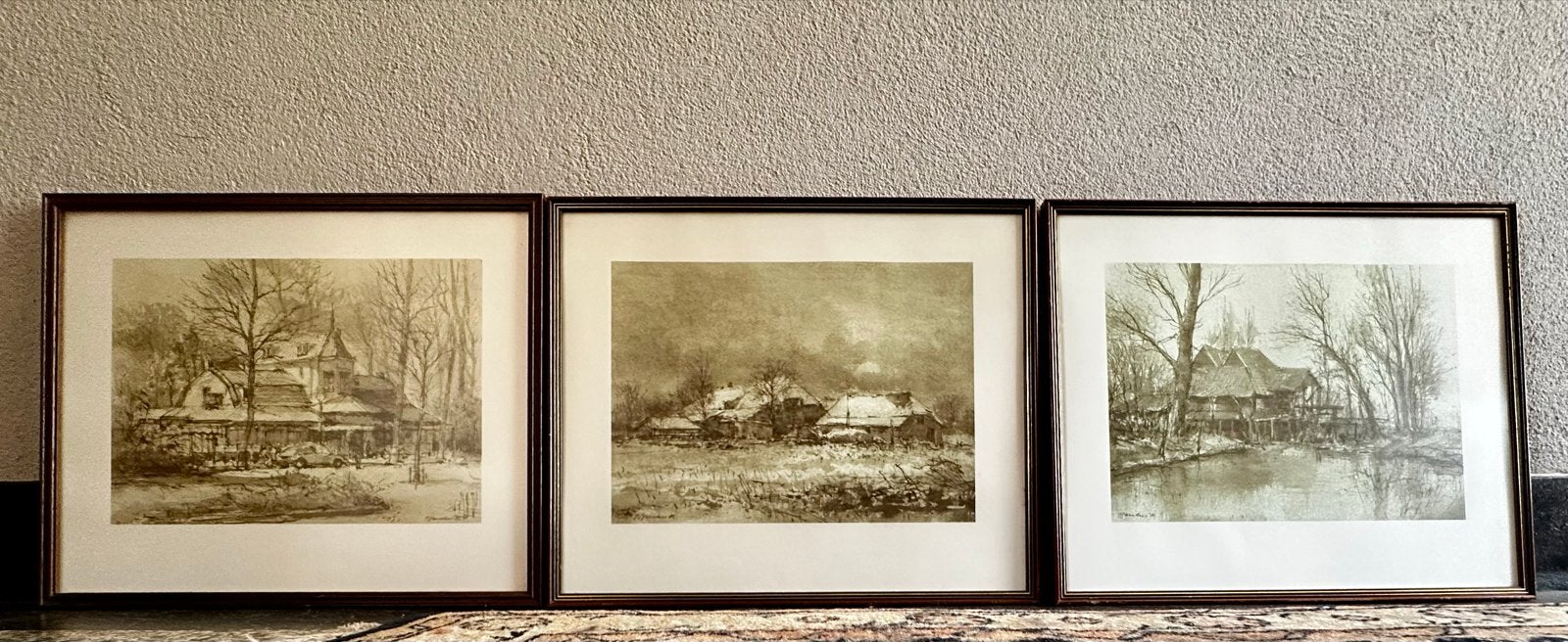 Drie sepia tekeningen van Frans Manders, ingelijst 40x48 cm, Antiek en Kunst, Kunst | Tekeningen en Foto's, Ophalen