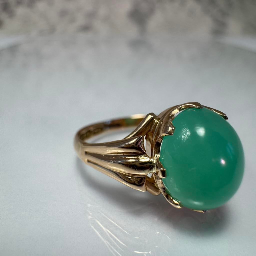 Antieke Finse Chrysoprase 14k Goud Ring, Ophalen of Verzenden, Dame, Goud, Kleiner dan 17