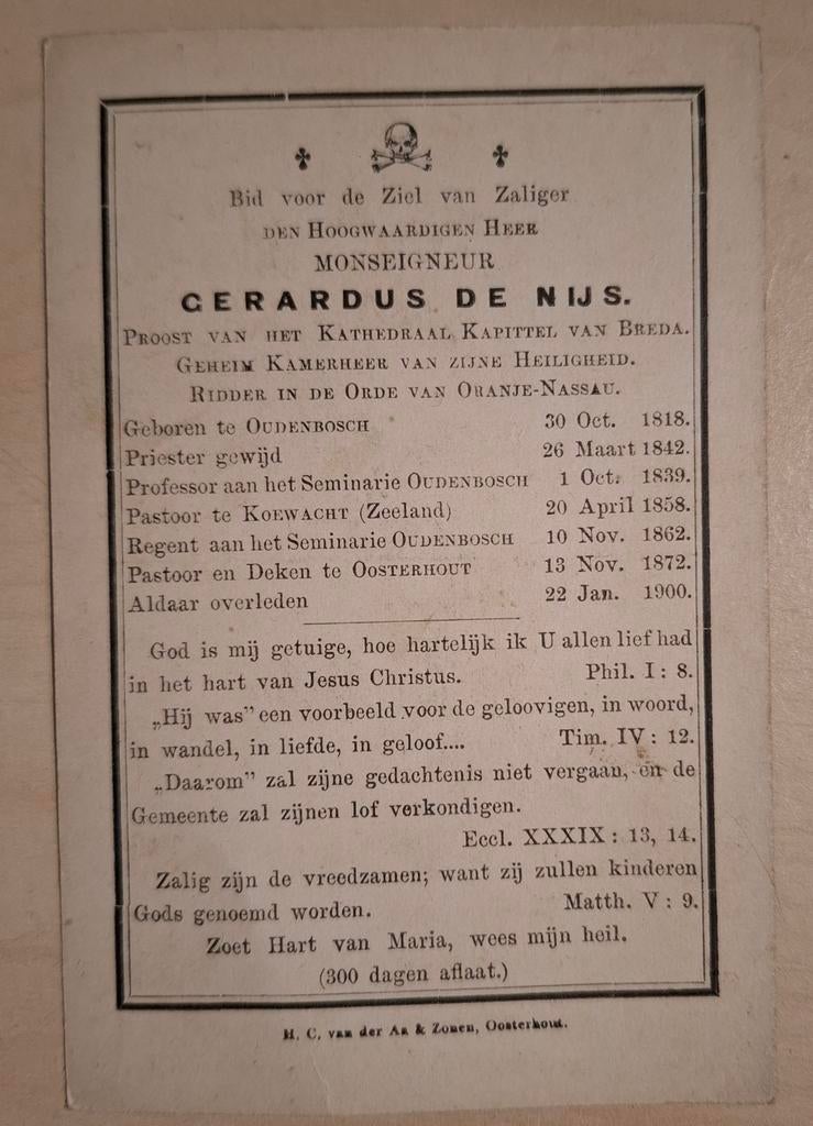 Bidprentje Oudenbosch 1818, Oosterhout 1900, de Nijs, Verzamelen, Ophalen of Verzenden