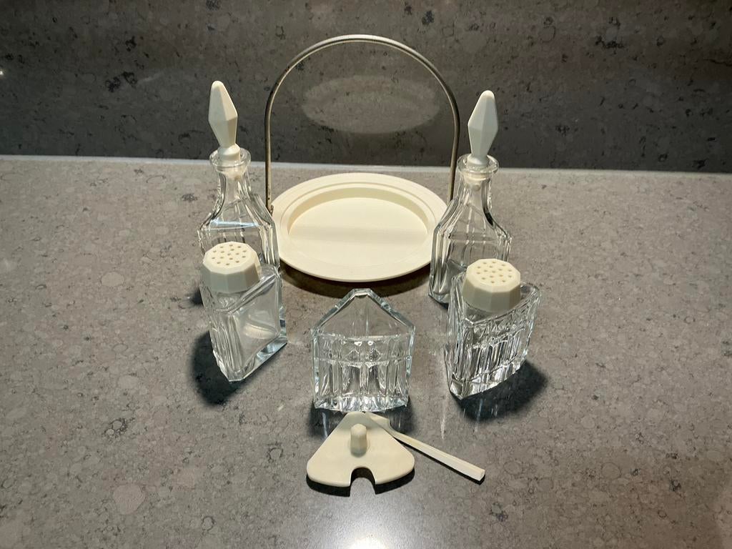 Keukenset bakeliet of wit celluloid? 5 potje glas op tableau, Antiek en Kunst, Ophalen of Verzenden