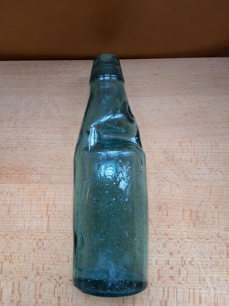 Antieke glazen knikker kogel fles blauw groen codd-neck 1900, Ophalen of Verzenden