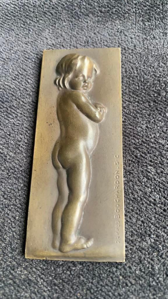 Plaquette brons naakt kind bouchardon medaille penning, Antiek en Kunst, Ophalen of Verzenden
