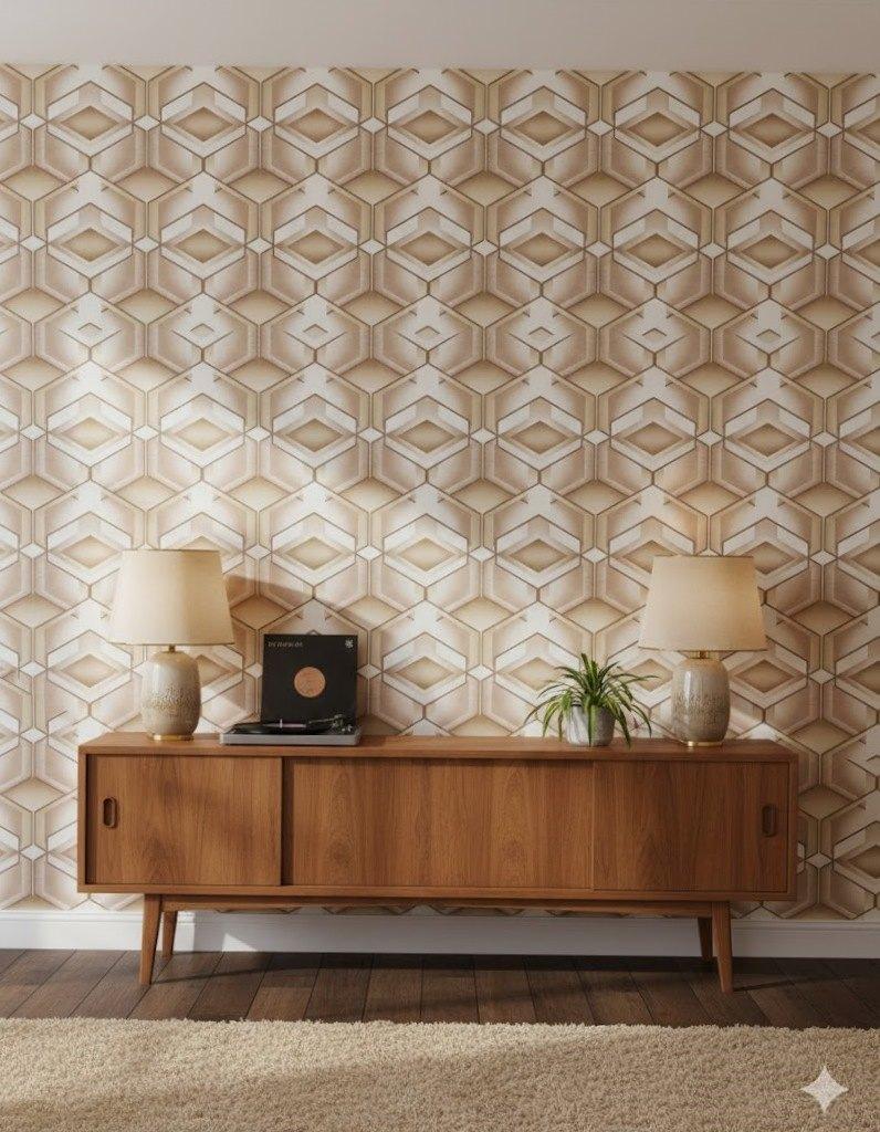 7120 vintage 3d honingraat behang in bruin tinten swiet, Ophalen of Verzenden, 75 m² of meer, Beige