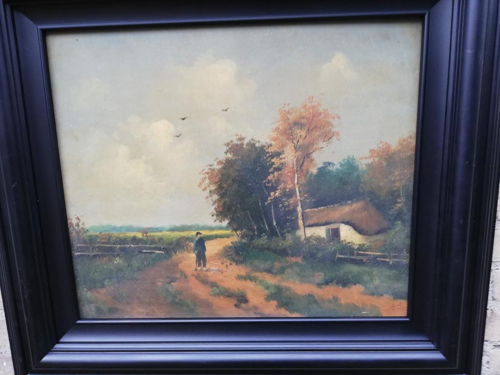 Boer op zandpad. Ca 1900/1930. Olie/doek. 75/68 cm., Ophalen, Zo goed als nieuw, Schilderij, 50 tot 75 cm