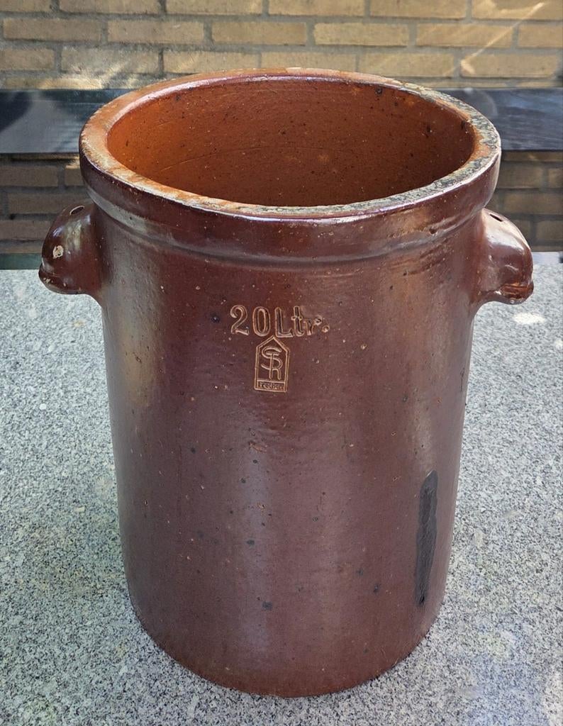 Antieke geglazuurde pot zuurkoolpot met 2 handvatten, Ophalen