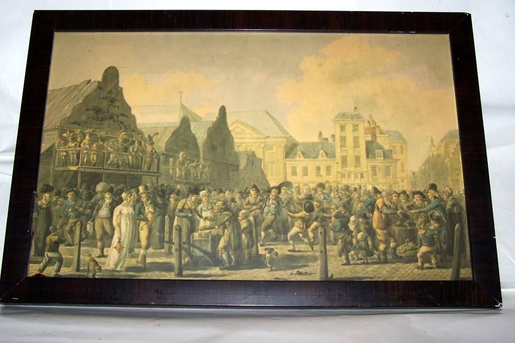 Antieke voorstelling 18/19e eeuws carnaval/kermis. Izgs., Ophalen of Verzenden
