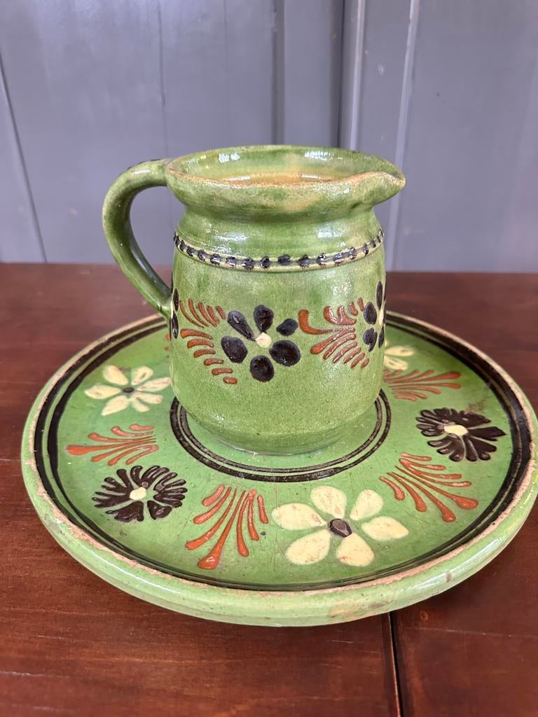 Vintage groene aardewerk kan en bord, Antiek en Kunst, Antiek | Keramiek en Aardewerk, Ophalen of Verzenden