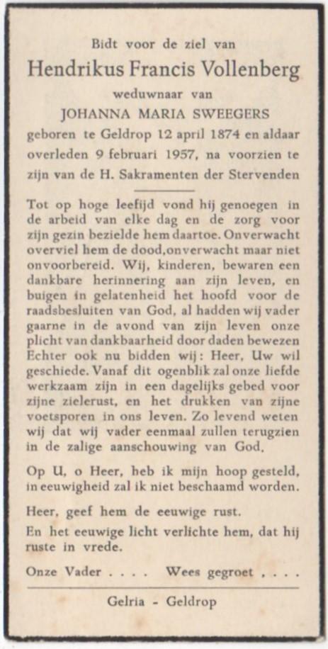 Hendrikus Fr. Vollenberg 1874 Geldrop + 1957 Geldrop, 82 jr, Verzenden