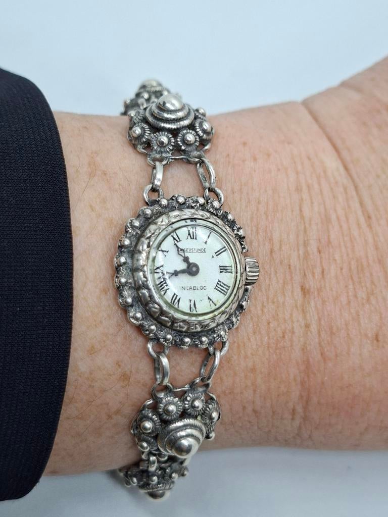 Vintage Zilveren Horloge met Zeeuwse Knopen Bandje, Overige merken, Polshorloge, Overige materialen, Ophalen of Verzenden