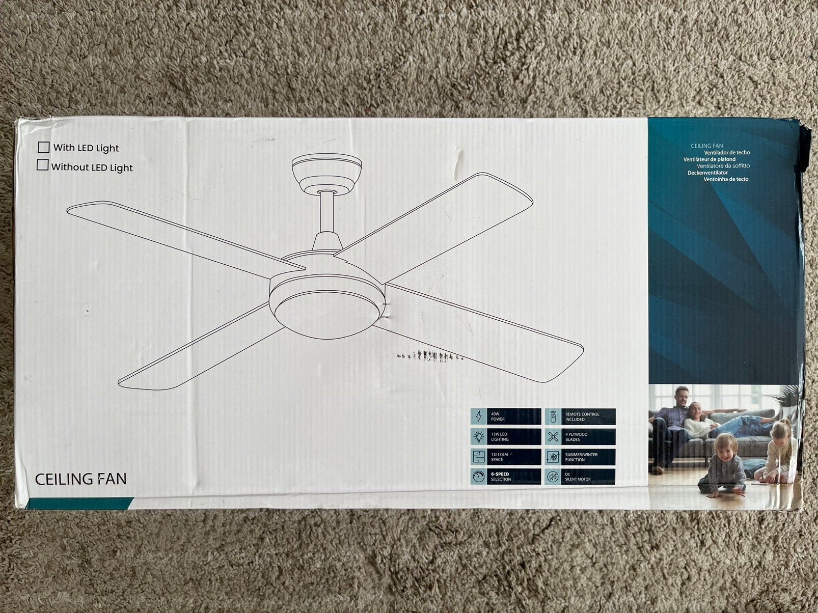 Plafondventilator 132cm, wit, zonder licht, incl. ab, nieuw, Ophalen of Verzenden, Ventilator met afstandsbediening, Nieuw, Plafondventilator