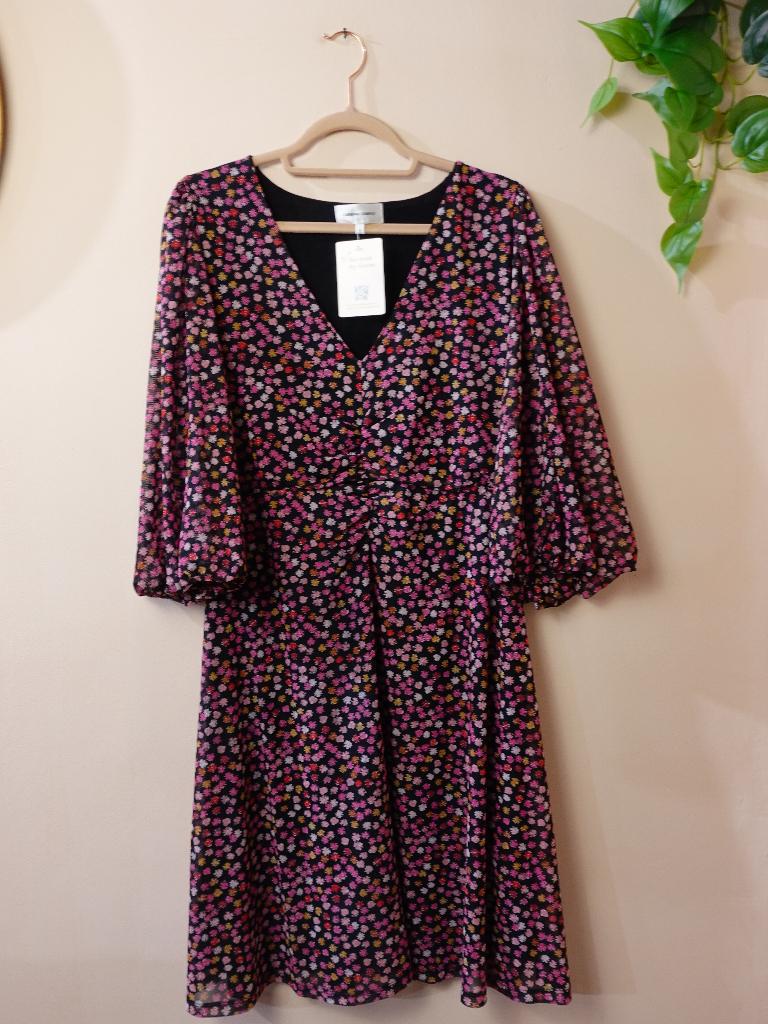 Fabienne Chapot Bloemenjurk met Pofmouwen Zwart/Roze L, Zwart, Maat 42/44 (L), Ophalen of Verzenden, Zo goed als nieuw