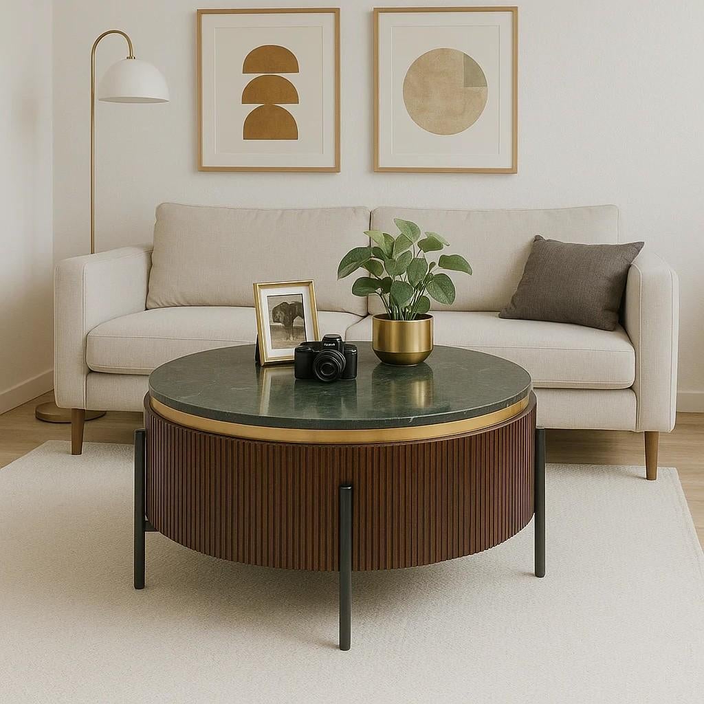 Kare Design Salontafel Catalina 90cm - van 999.- voor 499.-, Ophalen, Massief mangohout + marmeren blad, 50 tot 100 cm, Rond