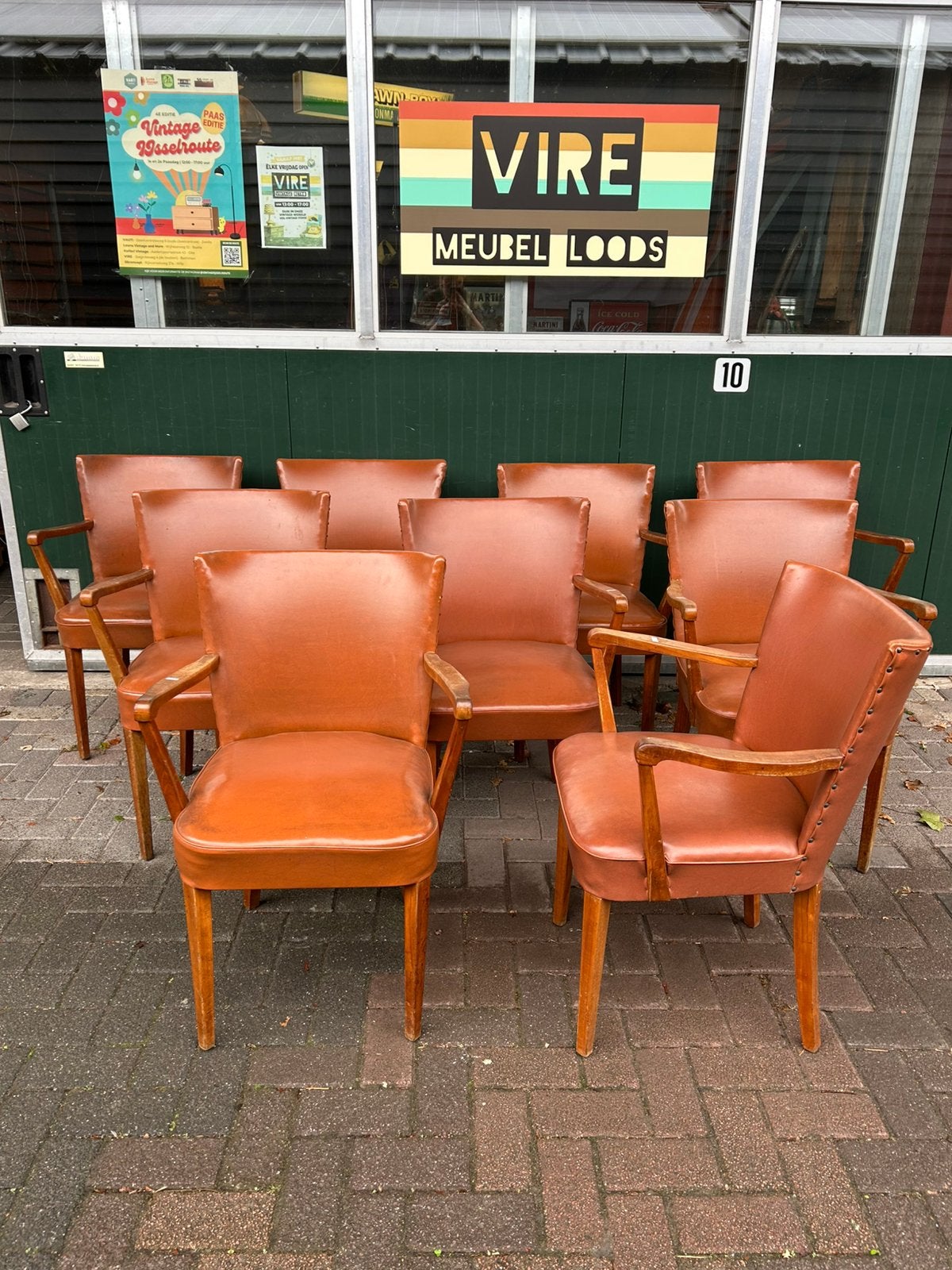 9 vintage 50’s/60’s cognac gekleurde stoelen/ café prijs p/s, Ophalen, Bruin, Vintage, ?