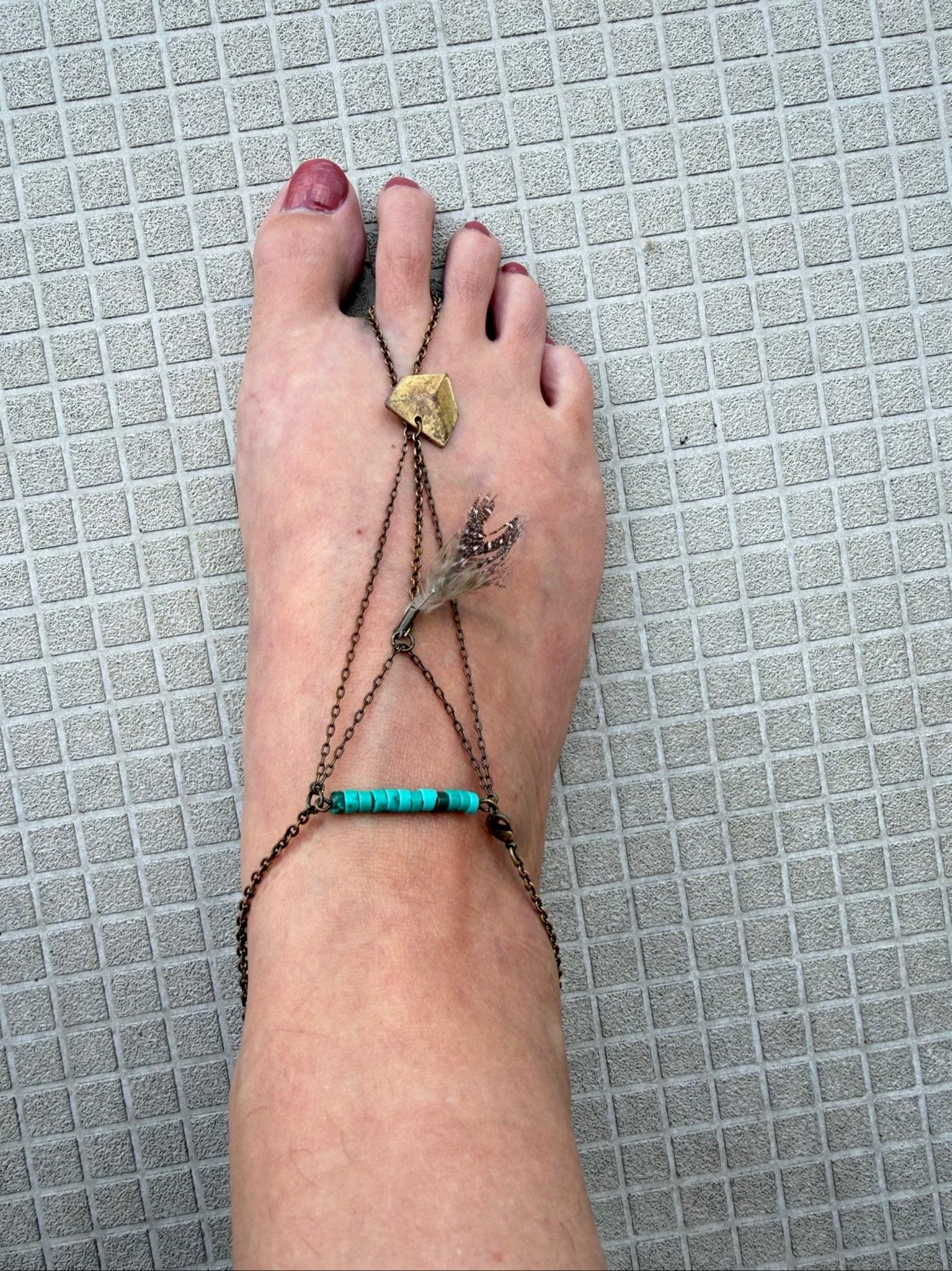 Handgemaakte upcycled Boho Chic Bruine & Turquoise Voetjuwel, Ophalen of Verzenden, Zo goed als nieuw