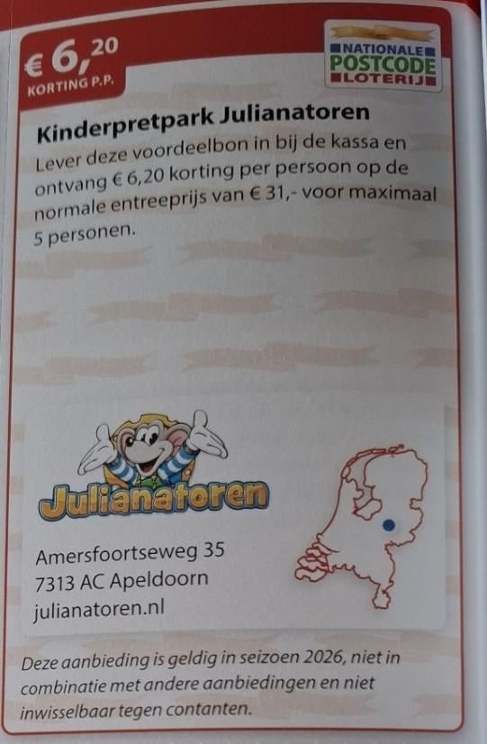 Kinderpretpark Julianatoren €6,20 korting p.p., Drie personen of meer, Kortingskaart