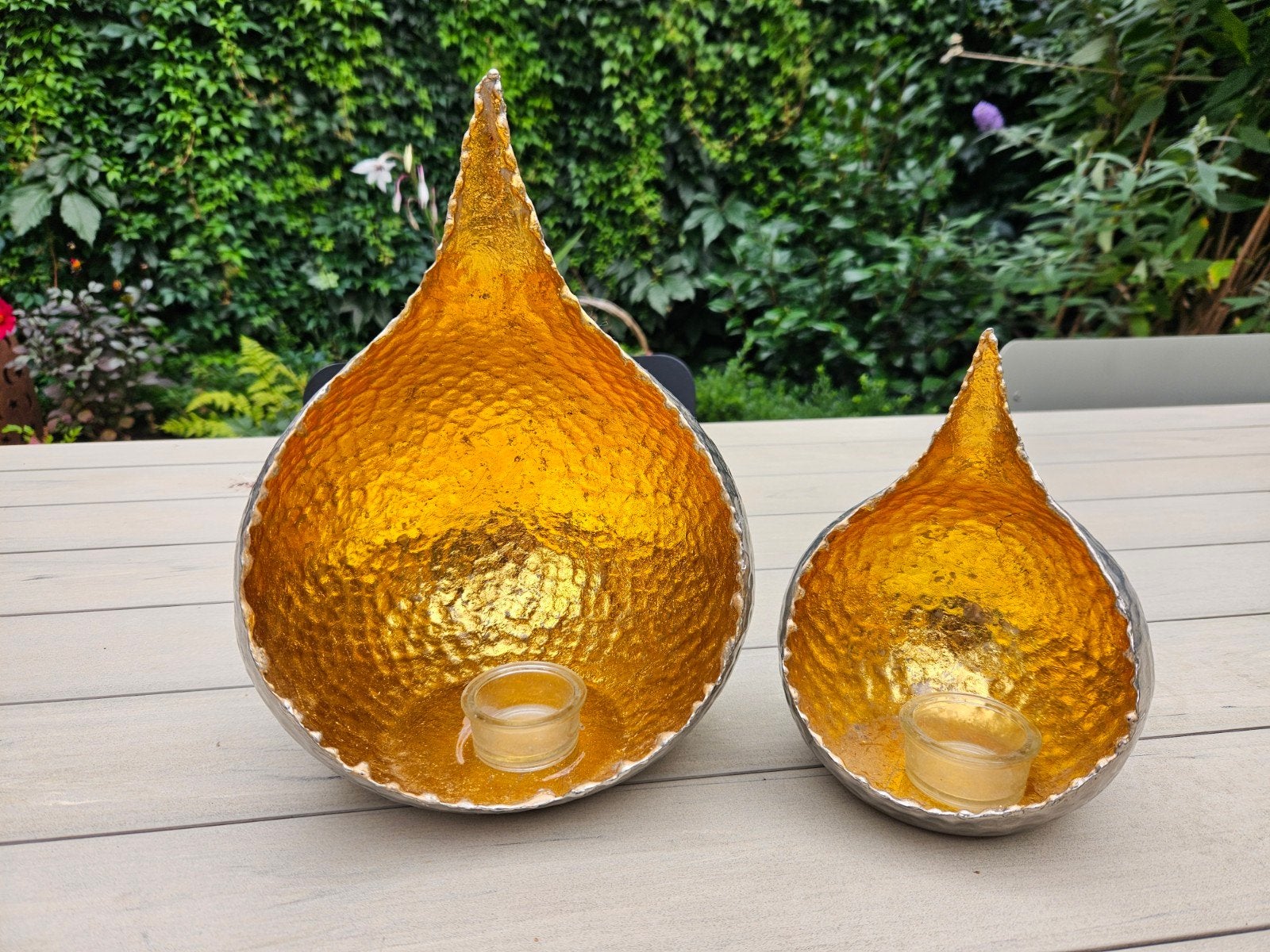 Set van 2 metalen kaarsenhouders, goud/zilver, geklopt, Ophalen, Waxinelichthouder, Zo goed als nieuw, Metaal