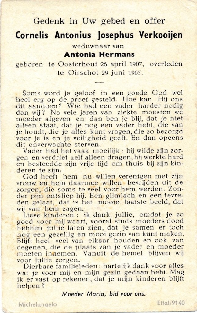 Verkooijen Cornelis 1907 Oosterhout 1965 Oirschot, Ophalen of Verzenden, Bidprentje