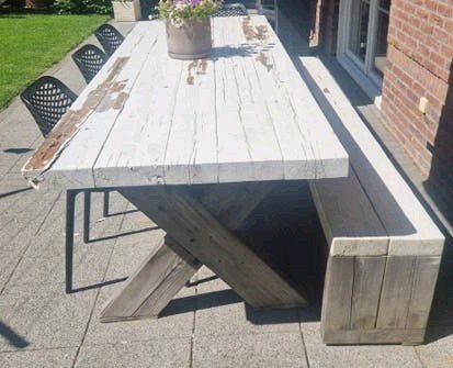 Gratis: Grote zware houten tafel met bank, Ophalen of Verzenden, Gebruikt, Rechthoekig, Hout