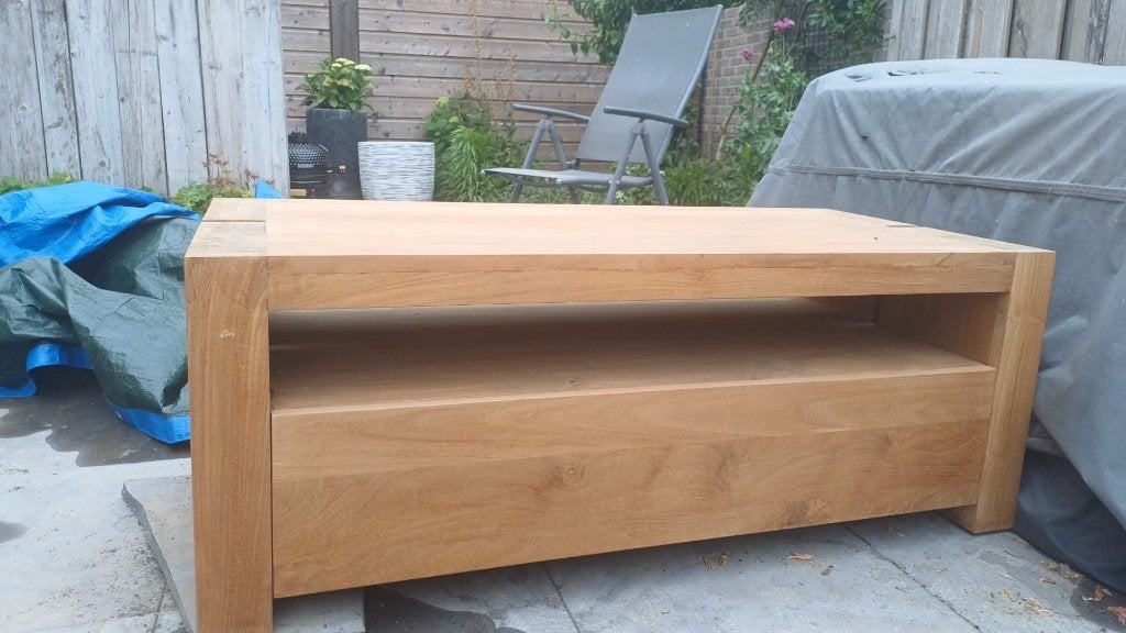tv meubel echt teakhout, Ophalen, 100 tot 150 cm, Teakhout, Zo goed als nieuw