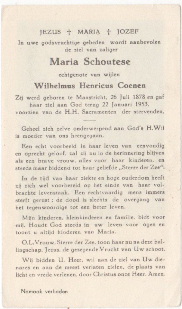 Maria Schoutese 1878 Maastricht + 1953 Maastricht, 74 jaar, Verzamelen, Ophalen of Verzenden