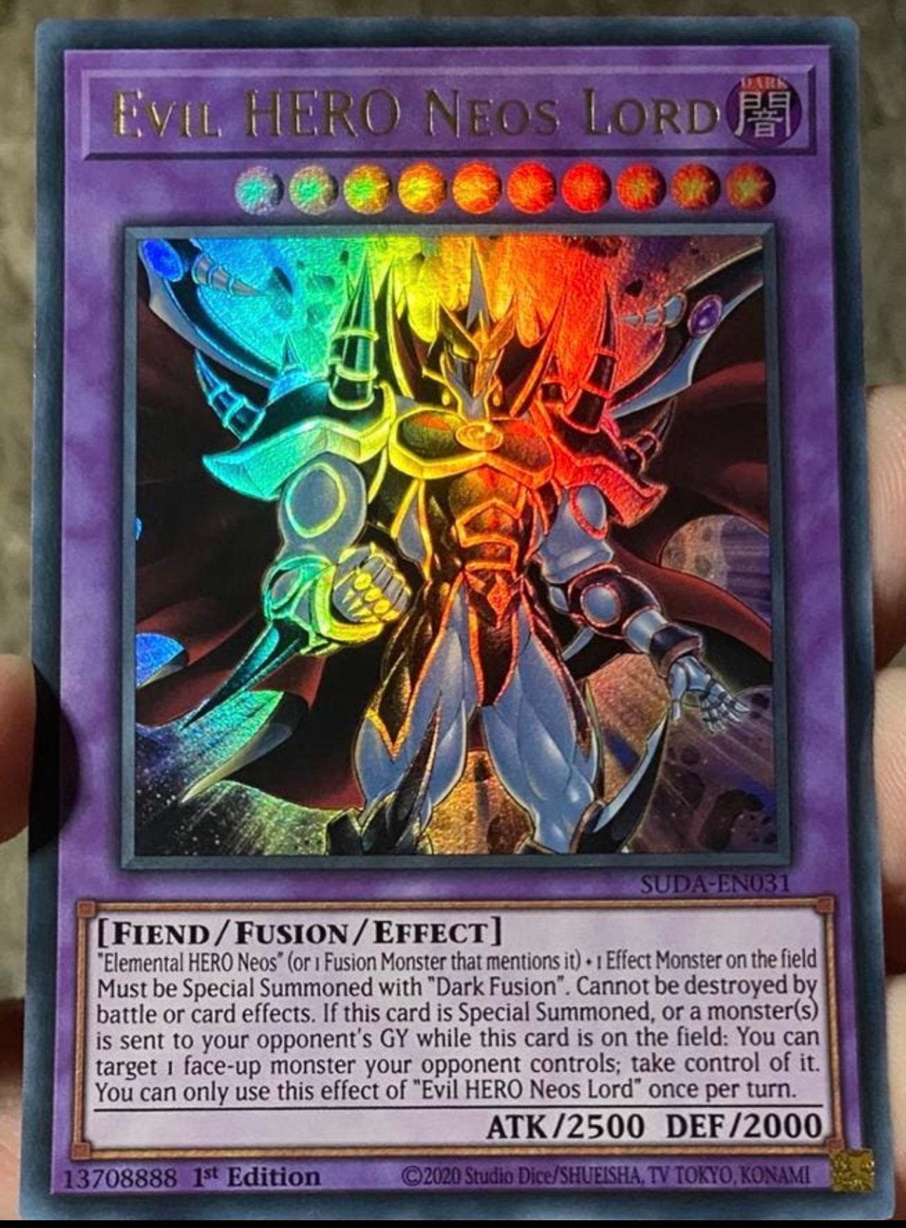 Yu-Gi-Oh! Evil HERO Neos Lord SUDA 1st Edition !, Ophalen of Verzenden, Zo goed als nieuw, Losse kaart, Foil