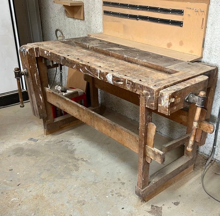 Vintage houten nooitgedagt originele werkbank 150x65, Ophalen, Zo goed als nieuw, 120 tot 170 cm, Bankschroef