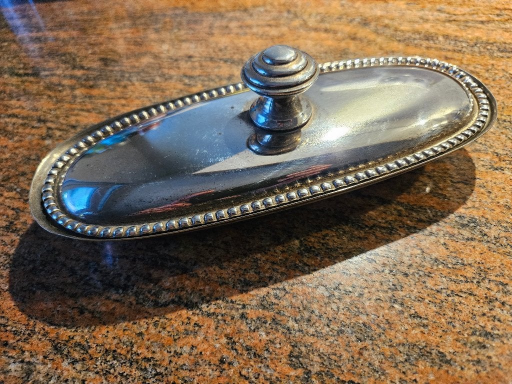 Oude ovale verzilverde botervloot met deksel, Ophalen of Verzenden, Zilver