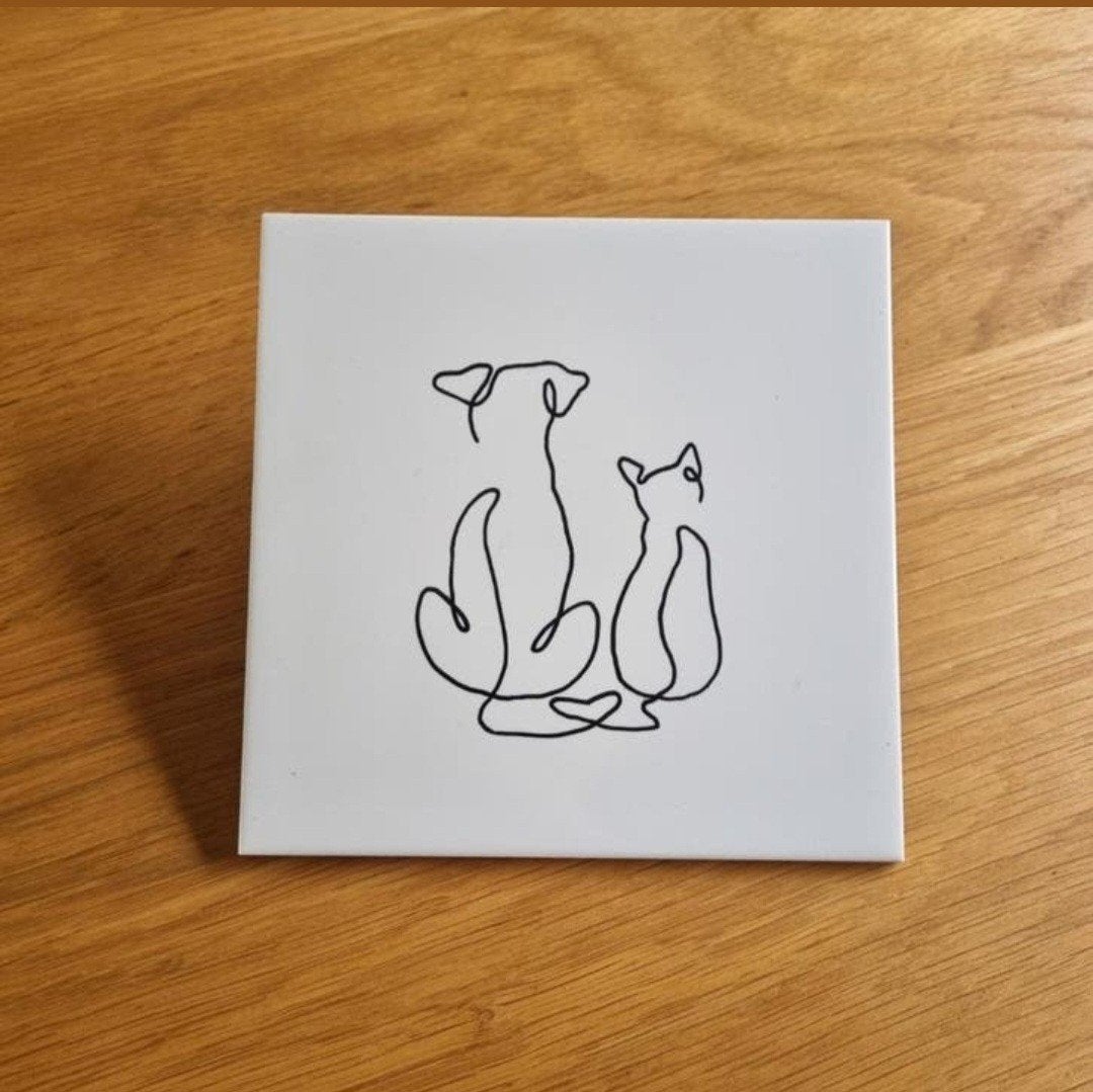 Tegeltje lijntekening lijn tekening hond kat love dog cat, Ophalen of Verzenden