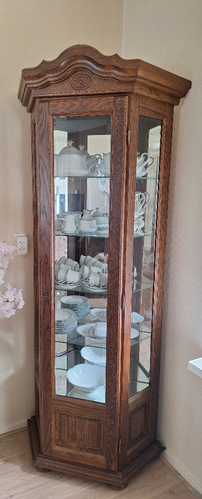 Vitrinekast ( hoek) met porselein servies., Ophalen, Met deur(en), Eikenhout, 200 cm of meer