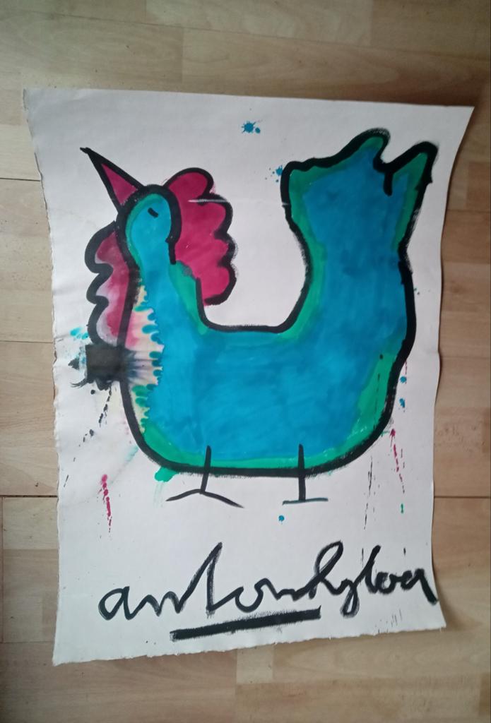 Grote Aquarel Anton Heyboer (1924-2005) - Kip op Molenpapier, Antiek en Kunst, Ophalen of Verzenden