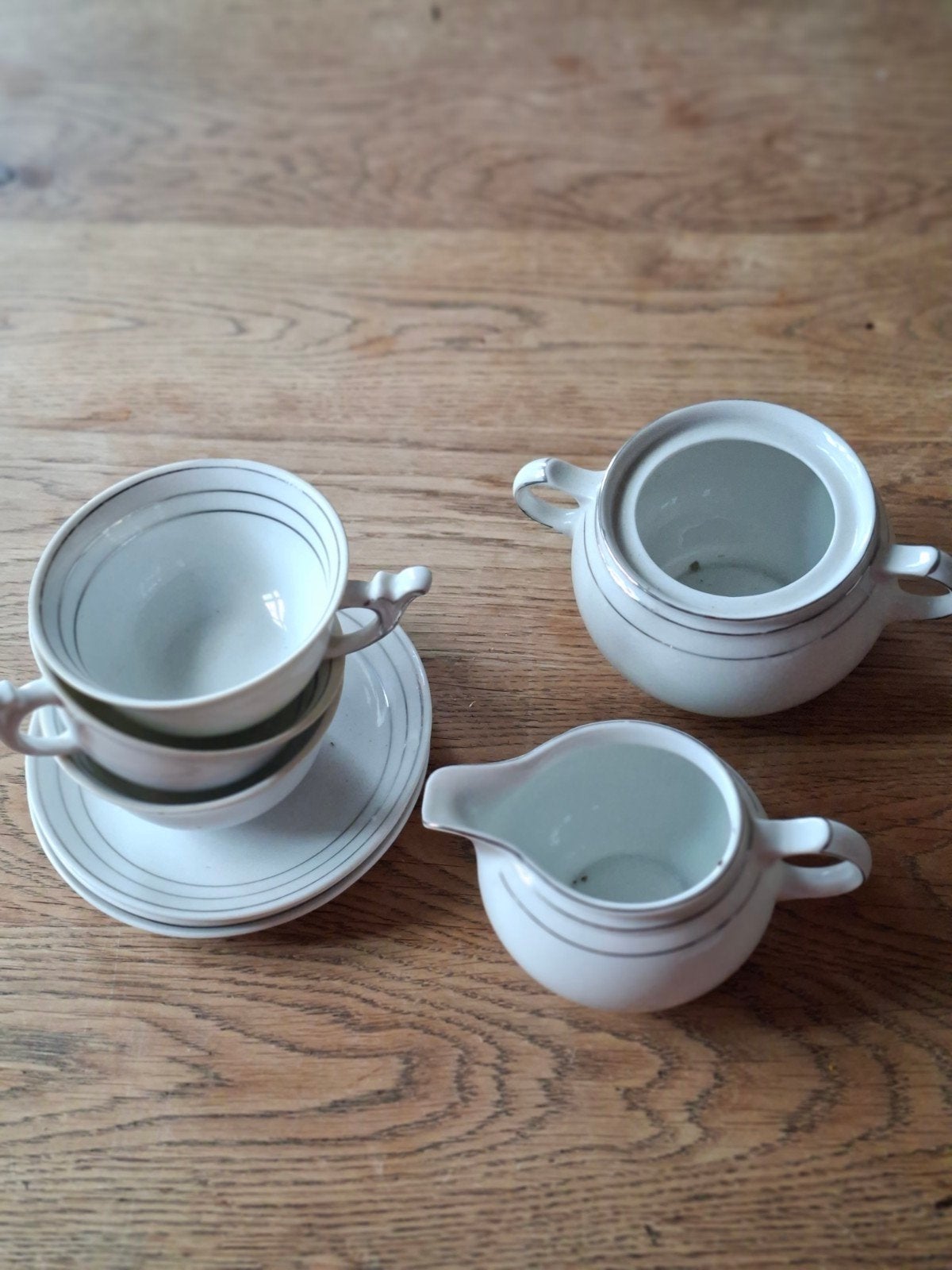 Vintage porseleinen theeservies met zilveren rand, Ophalen