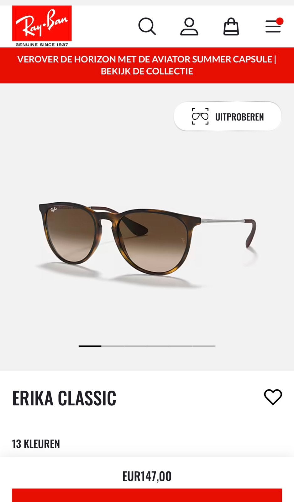 Ray-Ban Erika Classic zonnebril origineel dames, Zonnebril, Bruin, Ophalen of Verzenden, Zo goed als nieuw