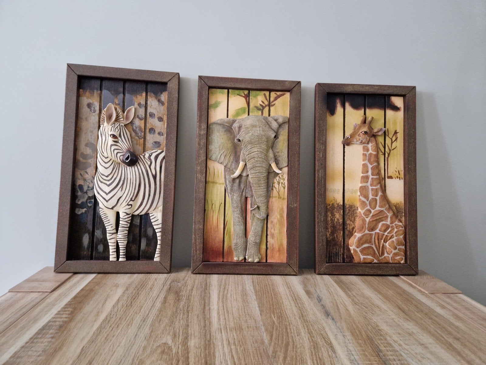 3 Afrikaanse Dieren Wanddecoratie (Zebra, Olifant, Gi, Hout, Meerkleurig, Overige stijlen, Ophalen of Verzenden