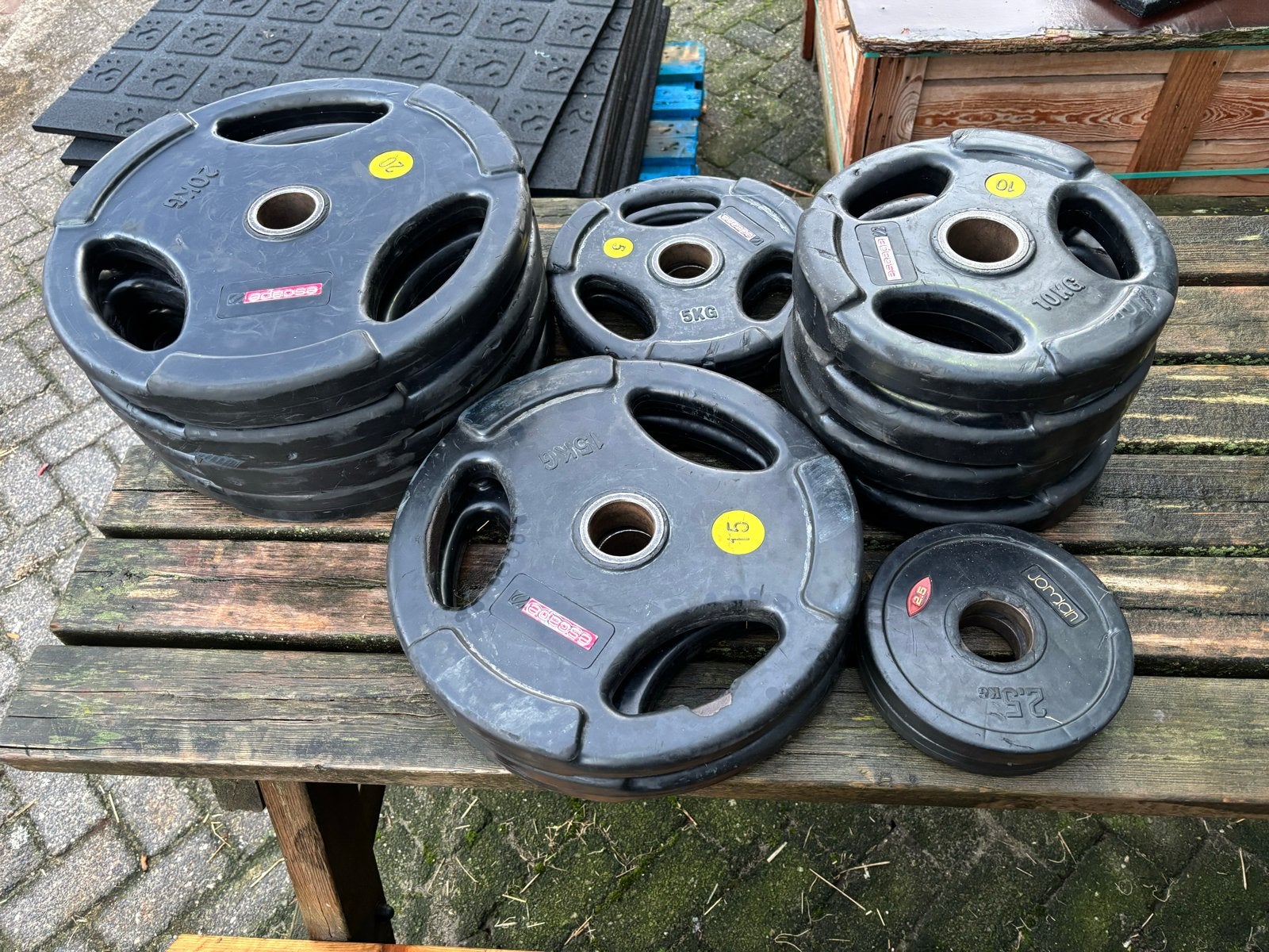 Escape Halterschijvenset - 165 kg rubber gecoat, Halterschijven, Gebruikt, Escape, Escape