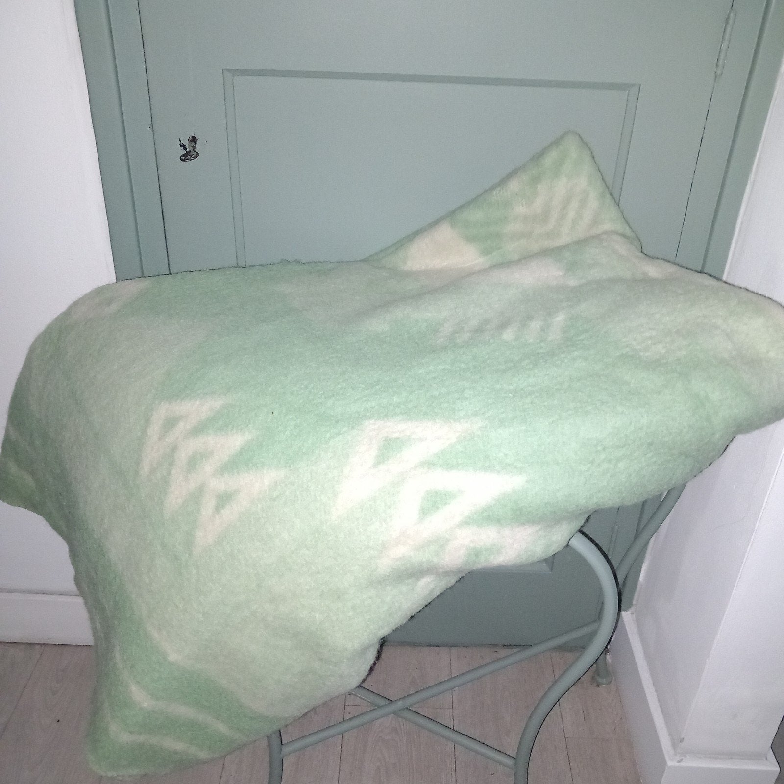 Vintage 100% Scheerwollen Deken Mintgroen Crème, Ophalen of Verzenden, Gebruikt