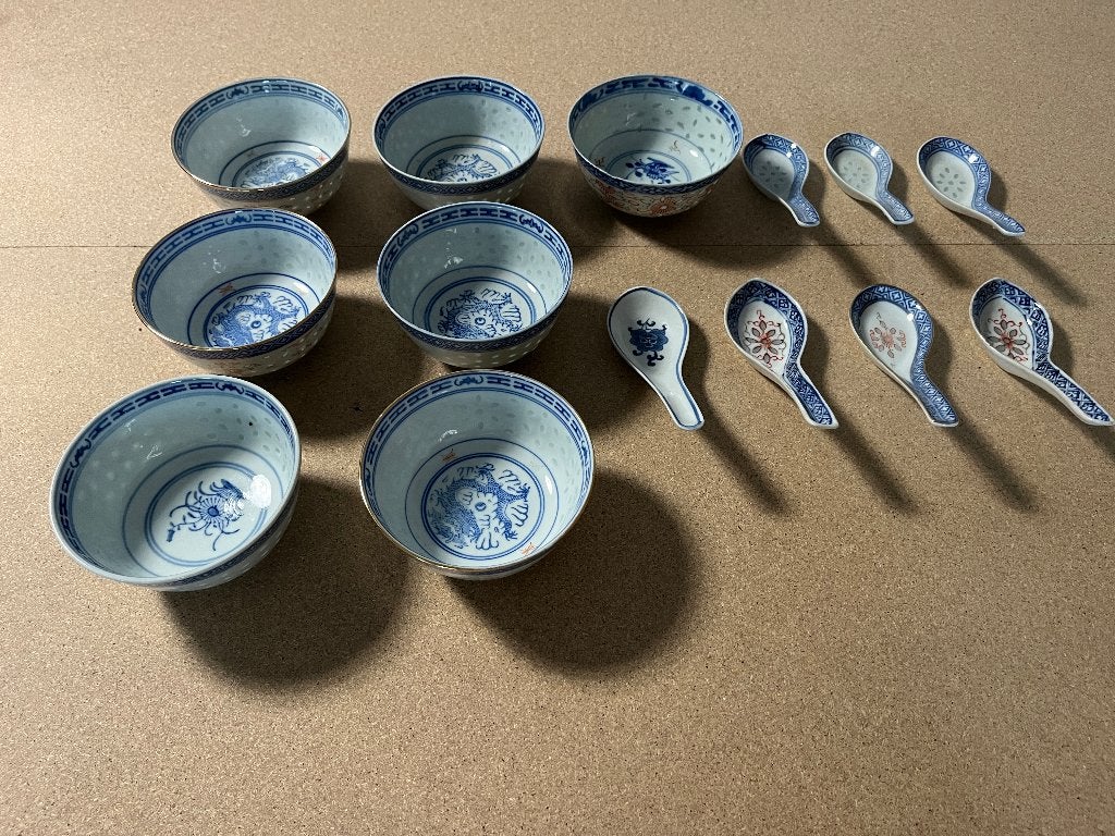 Chinees Rijstkorrel Porselein Kommen & Lepels Set (14-dlg), Ophalen of Verzenden