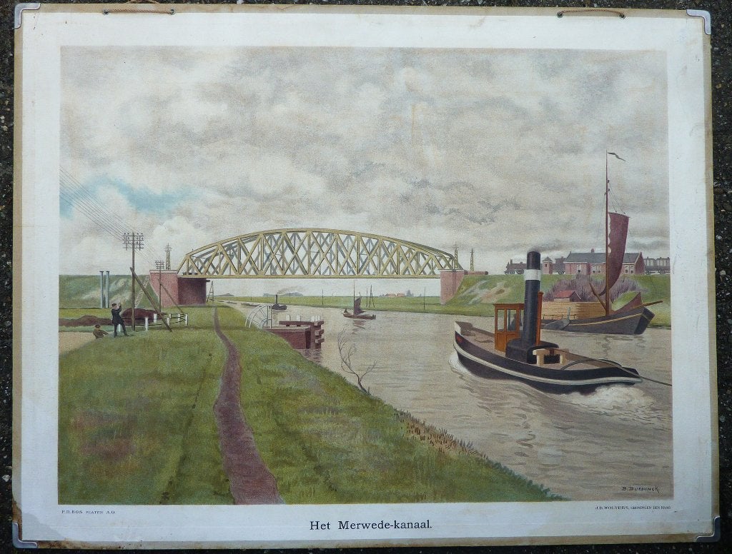 scheepvaart op het Merwedekanaal op oude schoolplaat, Ophalen of Verzenden, Gebruikt, Kaart, Foto of Prent