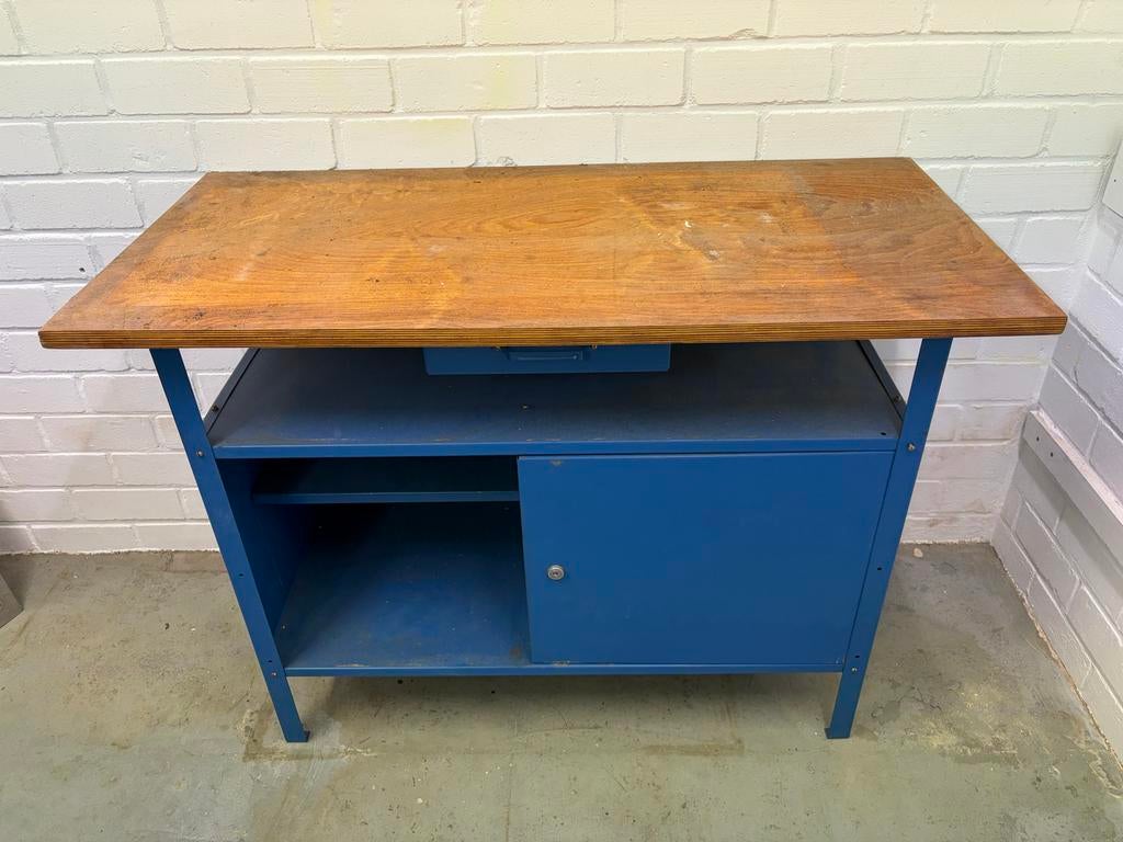 Vintage Werkbank met Opbergruimte - Blauw Metaal & Hout, Doe-het-zelf en Verbouw, Werkbanken, Ophalen, Gebruikt, 120 tot 170 cm