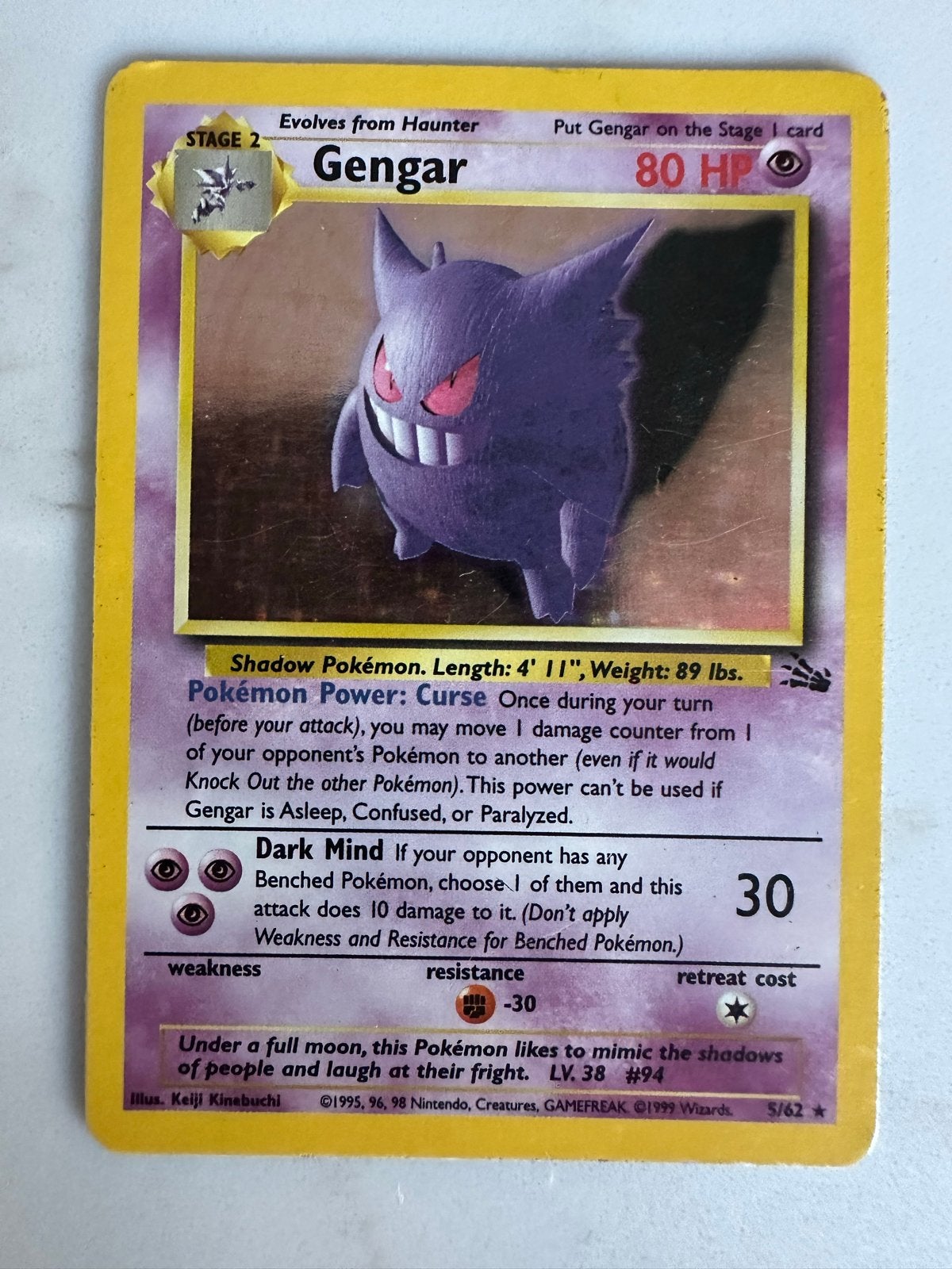 Gengar Holo Pokémon Kaart - Vintage WOTC, Hobby en Vrije tijd, Verzamelkaartspellen | Pokémon, Ophalen of Verzenden, Gebruikt
