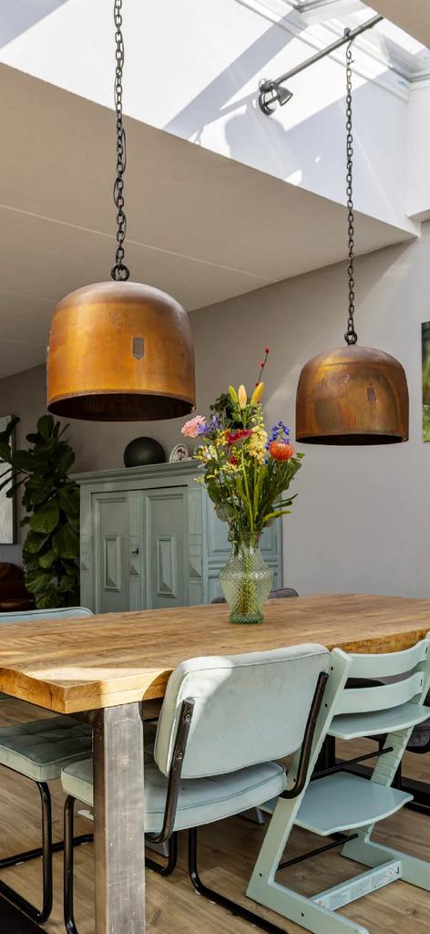2 industriële hanglampen voor boven de eettafel, Huis en Inrichting, Lampen | Hanglampen, Ophalen, Overige materialen, Gebruikt