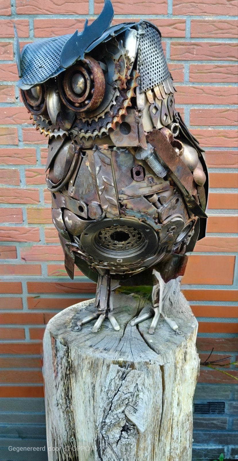 Unieke metalen uil sculptuur - Handgemaakt kunstwerk, Antiek en Kunst, Ophalen of Verzenden, 20 - 50 cm, Beeld, Bruin