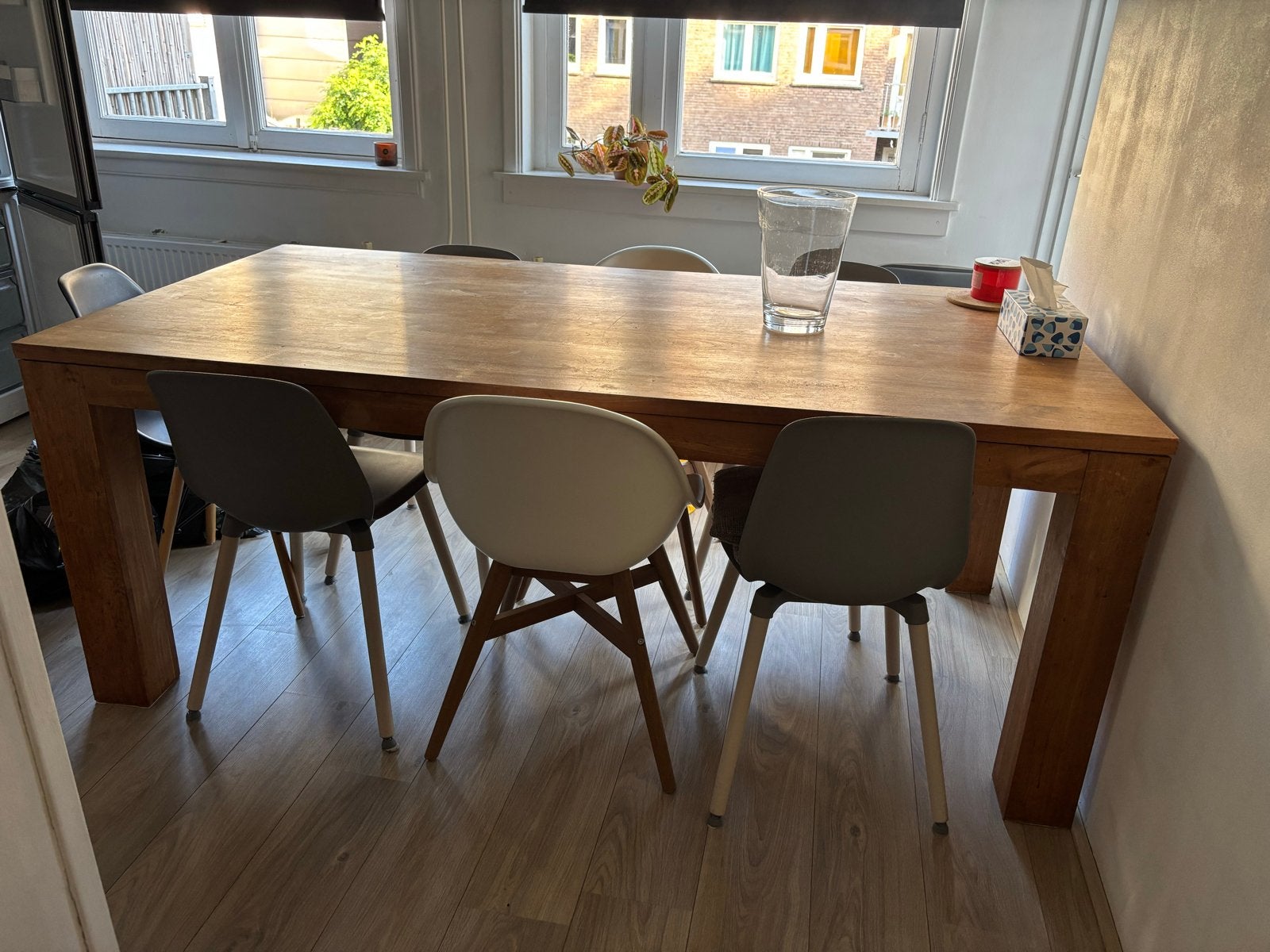 Teakhouten eettafel met 8 stoelen OPHALEN in AMSTERDAM, Huis en Inrichting, Tafels | Eettafels, Ophalen, Gebruikt, 100 tot 150 cm