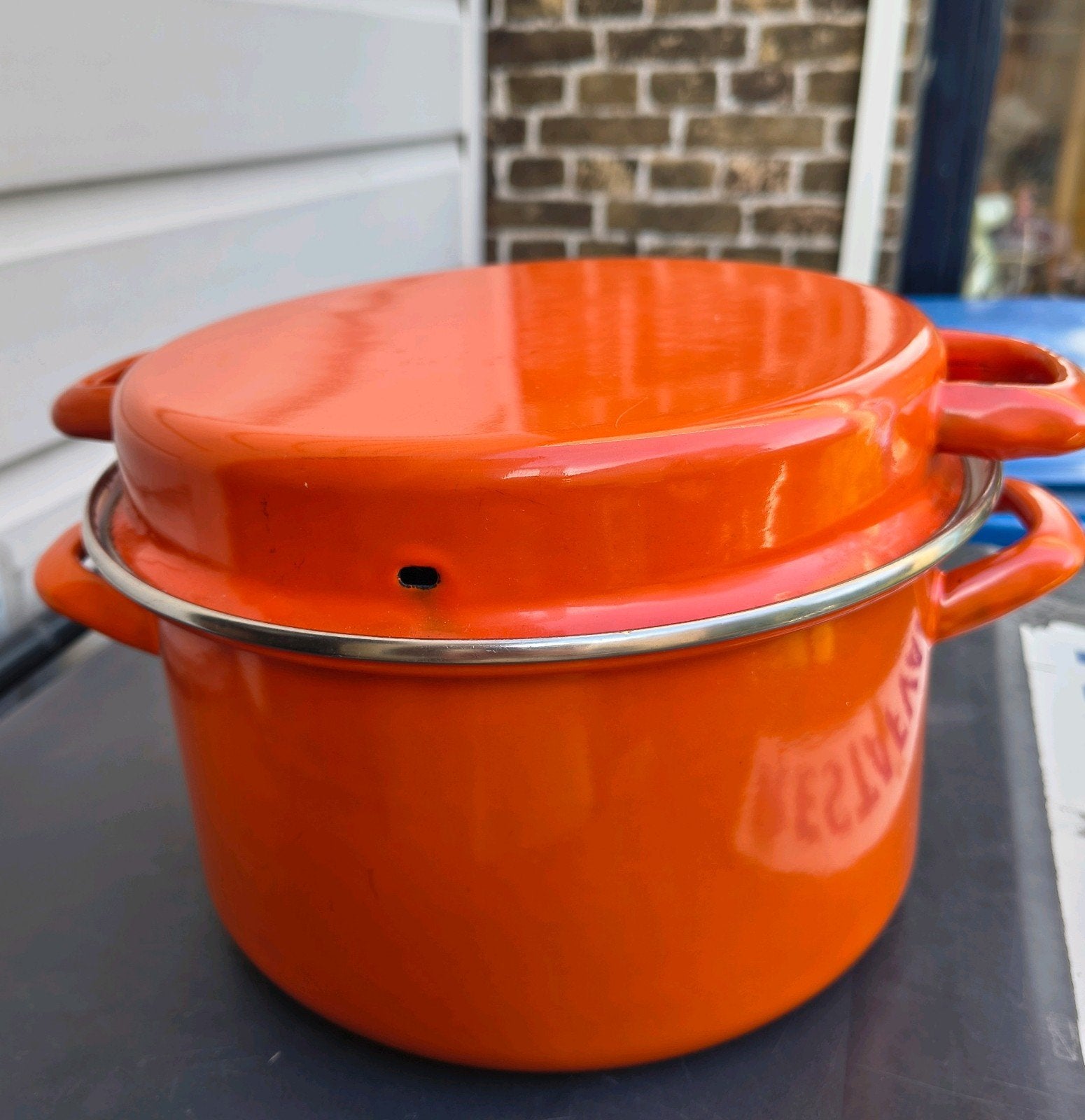 emaille stamppotpan soeppan mosselpan oranje, Ophalen of Verzenden, Zo goed als nieuw, Overige materialen, Kookpan