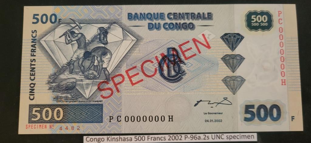 Congo Kinshasa 500 Francs 2002 P-96a.2s UNC Specimen, Postzegels en Munten, Bankbiljetten | Azië, Ophalen of Verzenden