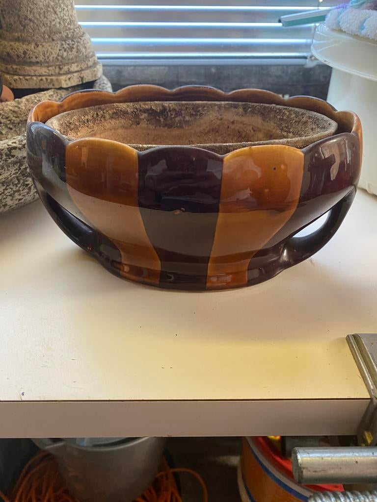 Mooie retro bloempot met binnenpot., Ophalen of Verzenden, Gebruikt, Rond, Steen of Aardewerk