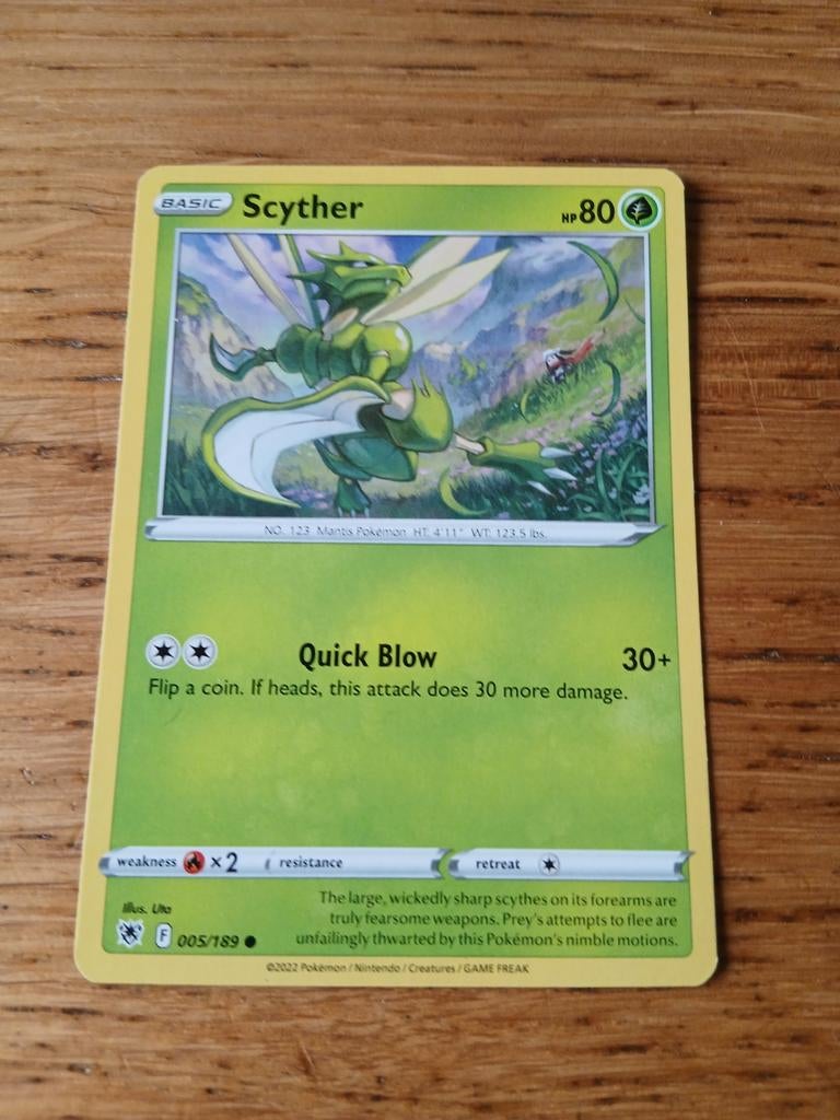 Pokémon Kaart Scyther 005/189 Basic HP80, Ophalen of Verzenden, Zo goed als nieuw, Losse kaart