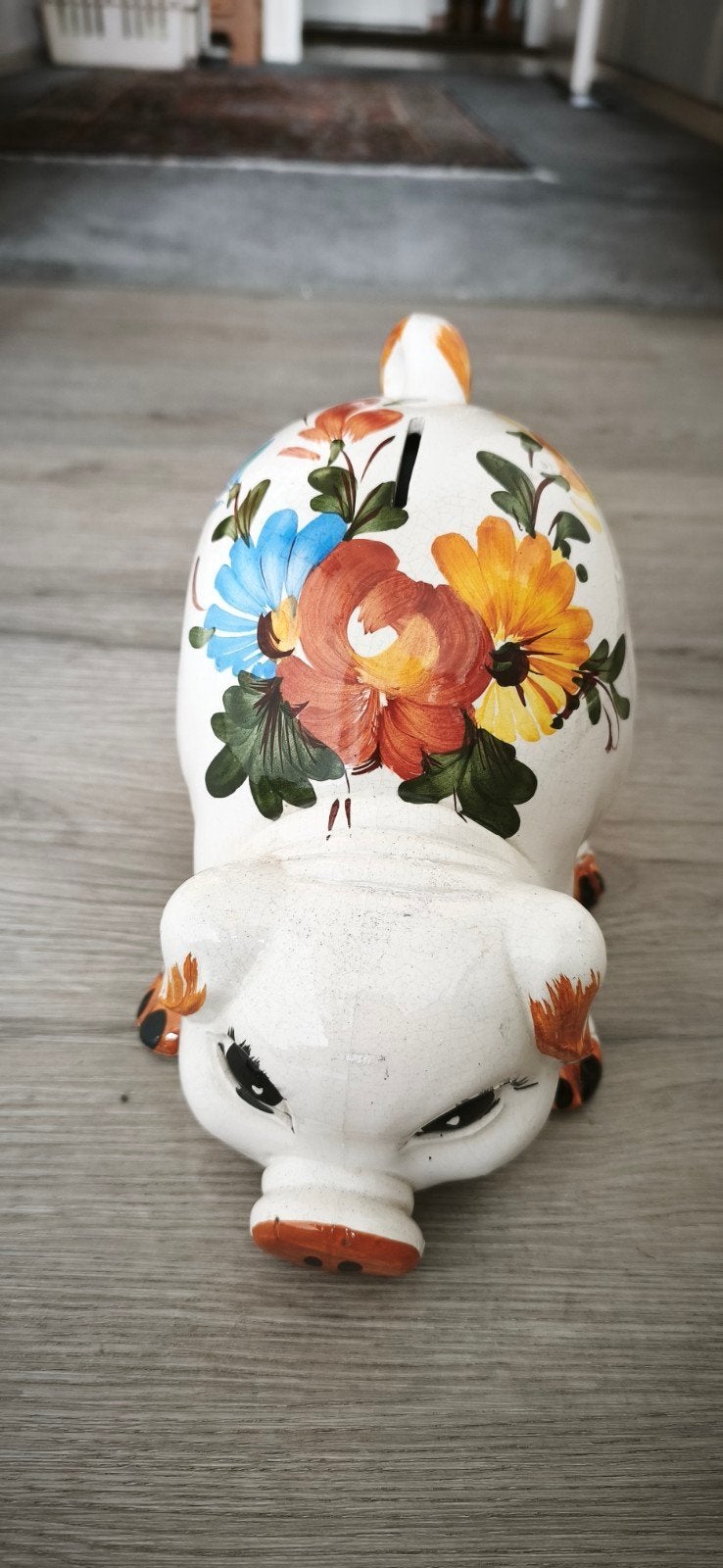 Spaarpot varken met bloemenpatroon, Ophalen of Verzenden, Gebruikt, Steen, Aardewerk of Keramiek, Dier