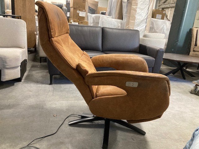 relaxfauteuil leer cognac elektrisch metalen stervoet, Gebruikt, Minder dan 75 cm, Leer, Ophalen of Verzenden